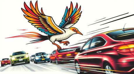 This symbolic traditional tattoo art print captures a vibrant, retro, and complex scene.  A fast-running bird zooms past traf