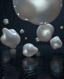 An unsettling 3D render presents translucent, fluid organic blobs suspended in a dark, rainy environment. The scene features 
