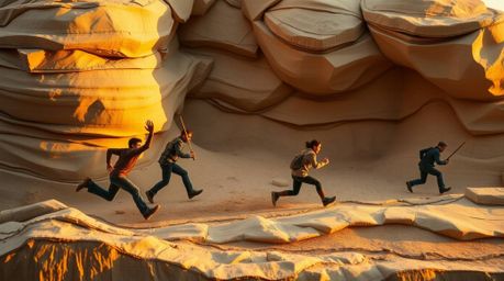 Explore the captivating world of a chase scene brought to life through layered papier-mâché, bathed in the warm, inviting lig