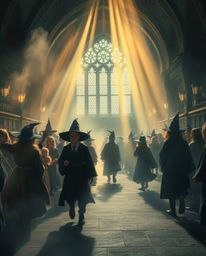 Experience a dramatic and cinematic illustration of a magical school teeming with young wizards. This captivating scene utili