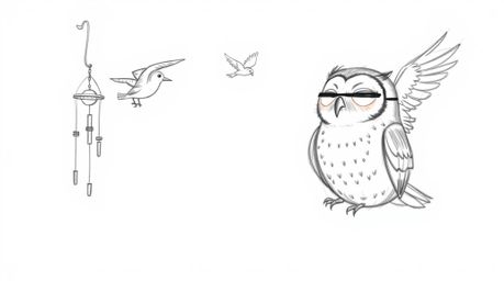 A heartwarming hand-drawn sketch in the style of Pixar depicts a blind owl, rendered with soft, rounded features, compassiona