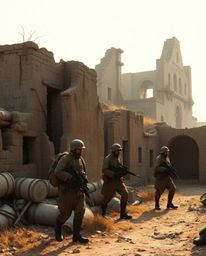 A captivating scene unfolds, bathed in gentle, soft light that illuminates time-warped soldiers and crumbling buildings. The 