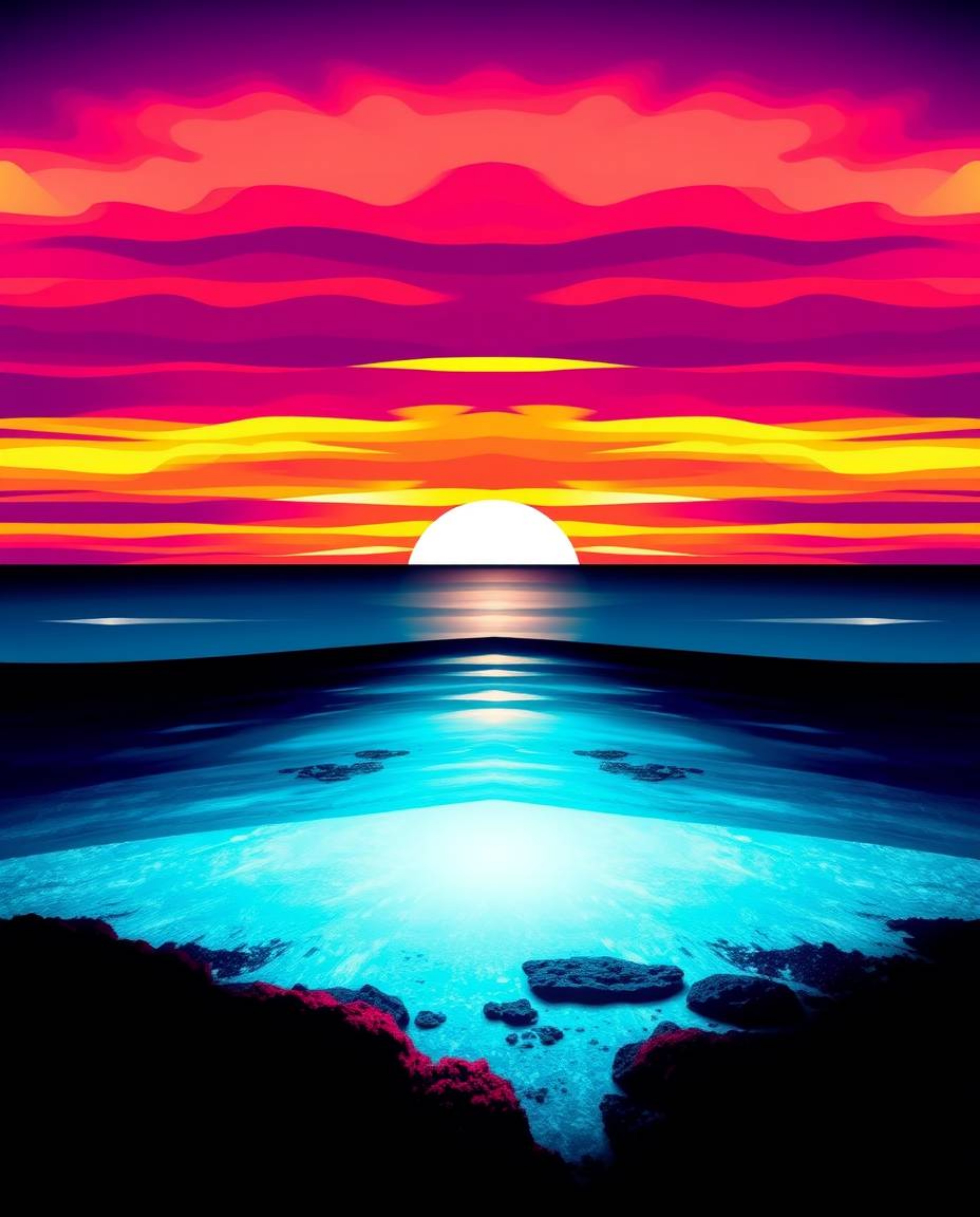 A striking logo design features a geometric, high-contrast depiction of a colorful sky over a coral reef at low tide. The com