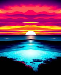 A striking logo design features a geometric, high-contrast depiction of a colorful sky over a coral reef at low tide. The com