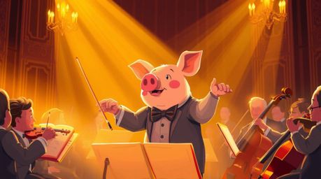 This illustration features an endearing pig character taking on the role of an orchestra conductor, bathed in a warm and invi