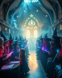 Step into a magical school brimming with young wizards, radiating a bright, vibrant, and ethereal ambiance. Experience the my