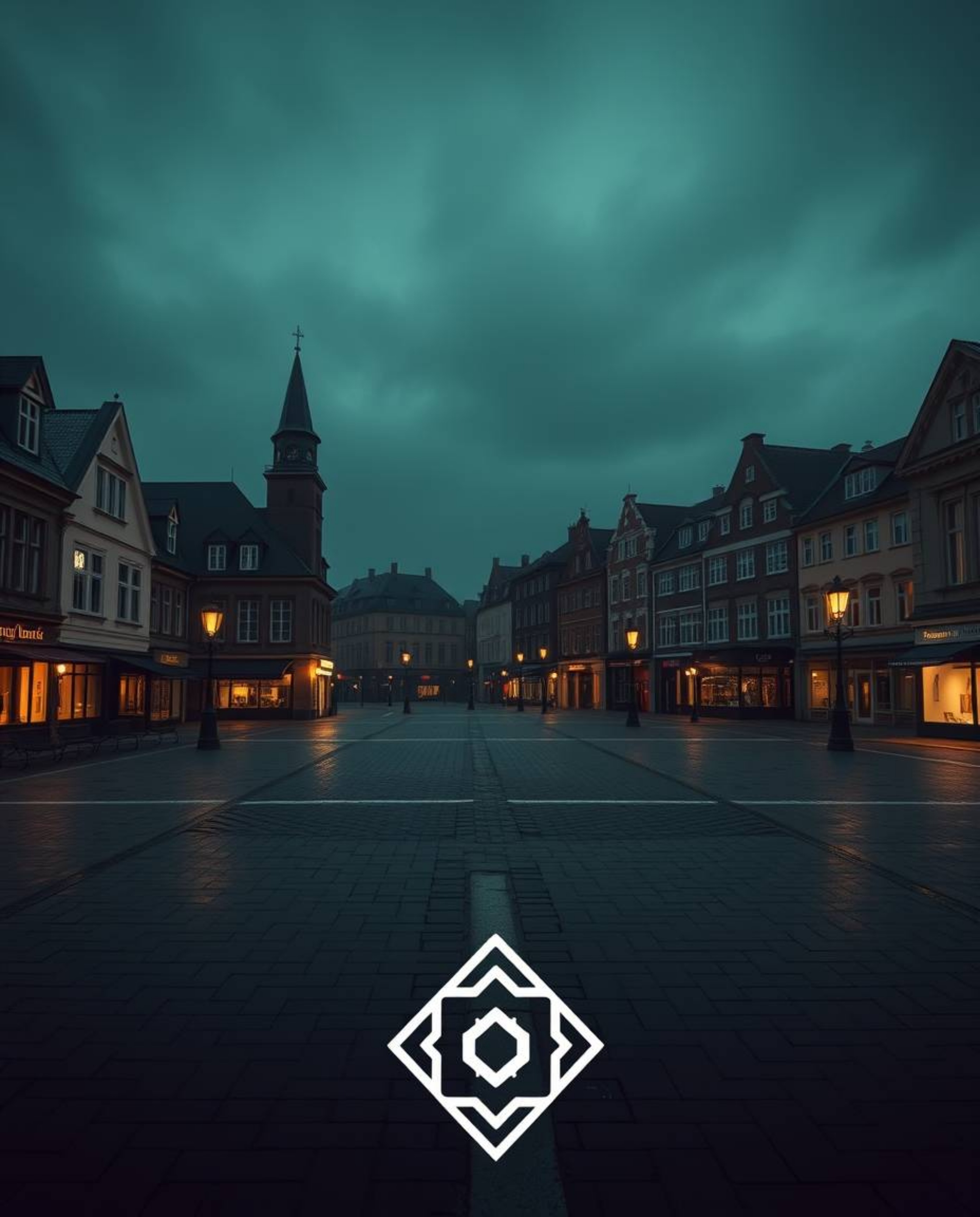 A dramatic cinematic style image showcasing an empty town square with ticking clocks, geometric logos, and clean lines. The c