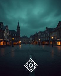A dramatic cinematic style image showcasing an empty town square with ticking clocks, geometric logos, and clean lines. The c