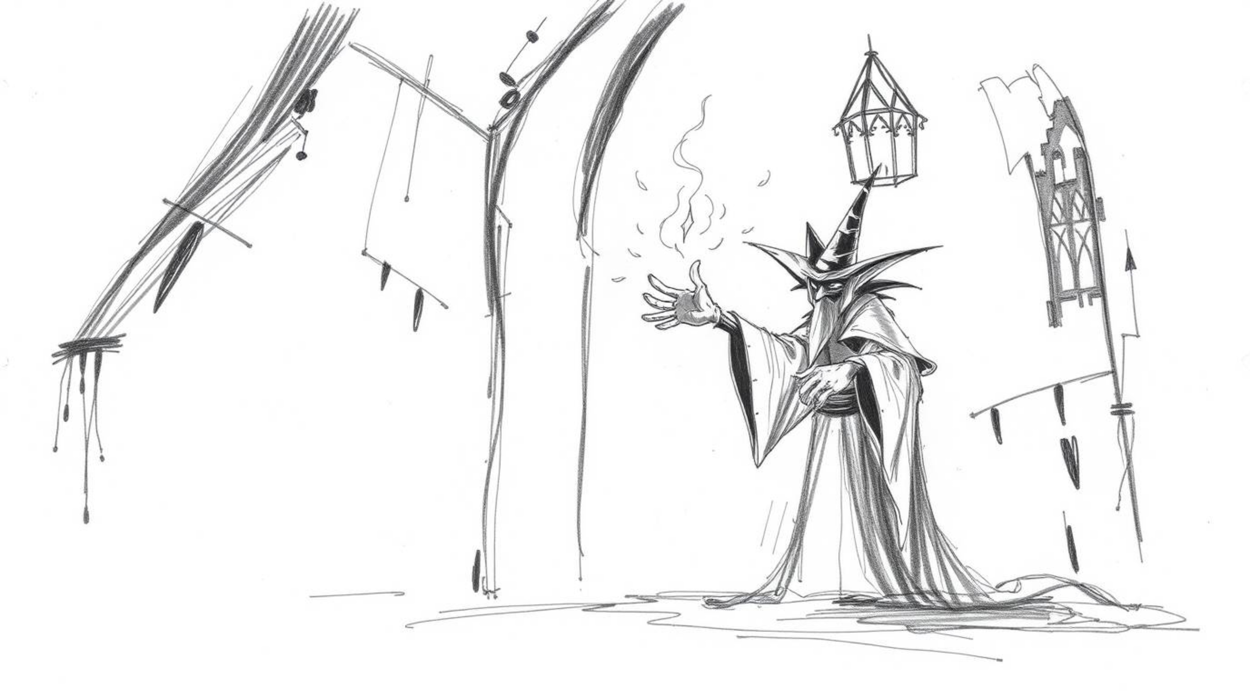 This hand-drawn sketch depicts a classic Disney villain casting a spell within the confines of an old, imposing castle. The a