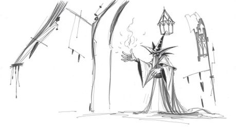This hand-drawn sketch depicts a classic Disney villain casting a spell within the confines of an old, imposing castle. The a