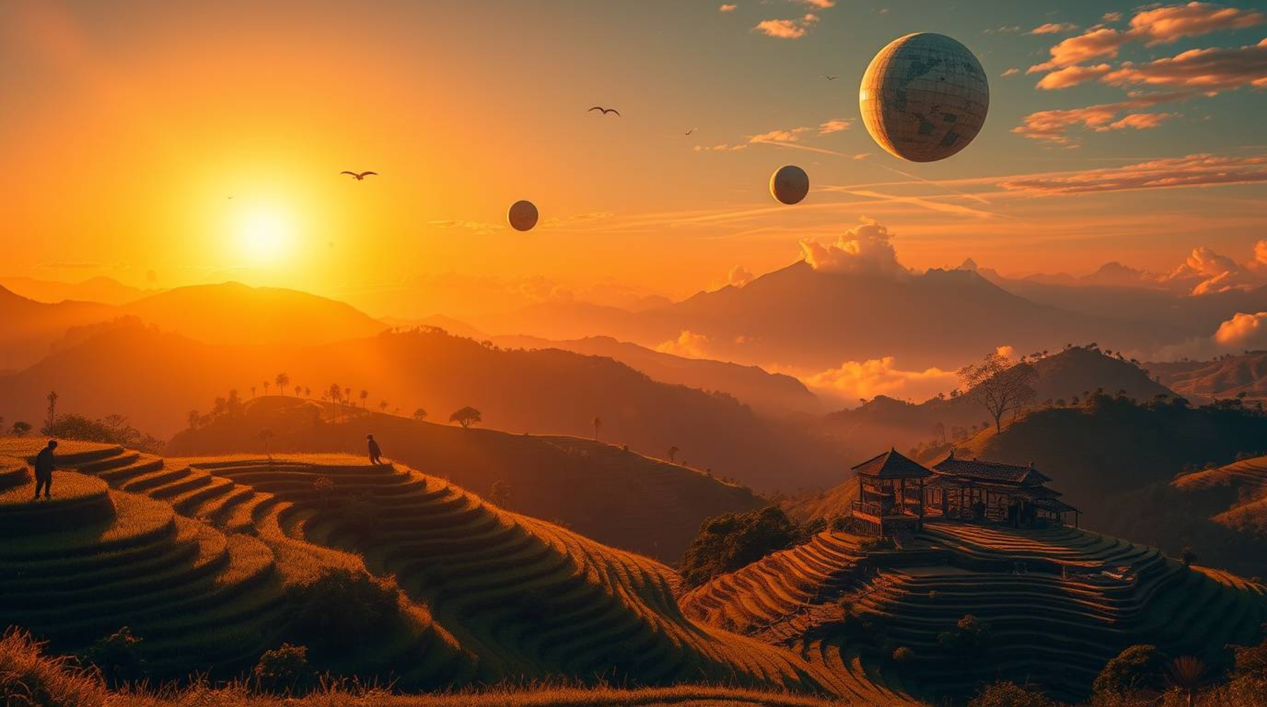 Experience a dreamlike, surreal sunset over breathtaking rice terraces nestled in majestic mountains. This vibrant artwork fe