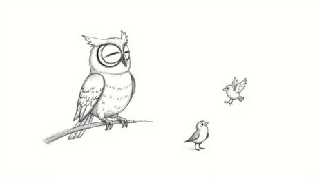 A heartwarming, hand-drawn sketch in the style of Pixar depicts a blind owl with soft, feathery texture using wind chimes and