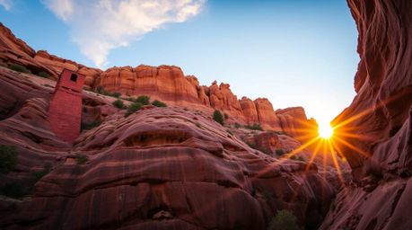 A stunning low-angle photograph captures a rocky canyon ablaze with the vibrant colors of sunset.  The image showcases dramat