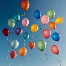 A captivating image showcasing a vibrant collection of colorful balloons gracefully floating against a serene, soft blue sky.