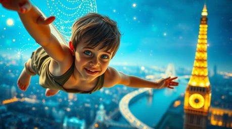 A captivating scene unfolds as a young boy with tan skin and bright eyes soars above London, propelled by glowing pixie dust.