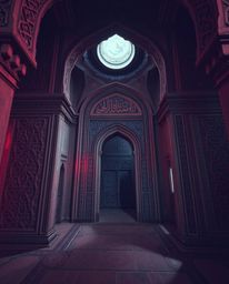 Explore the captivating intersection of surreal infrared tones and intricate Islamic geometric patterns carved in stone. This