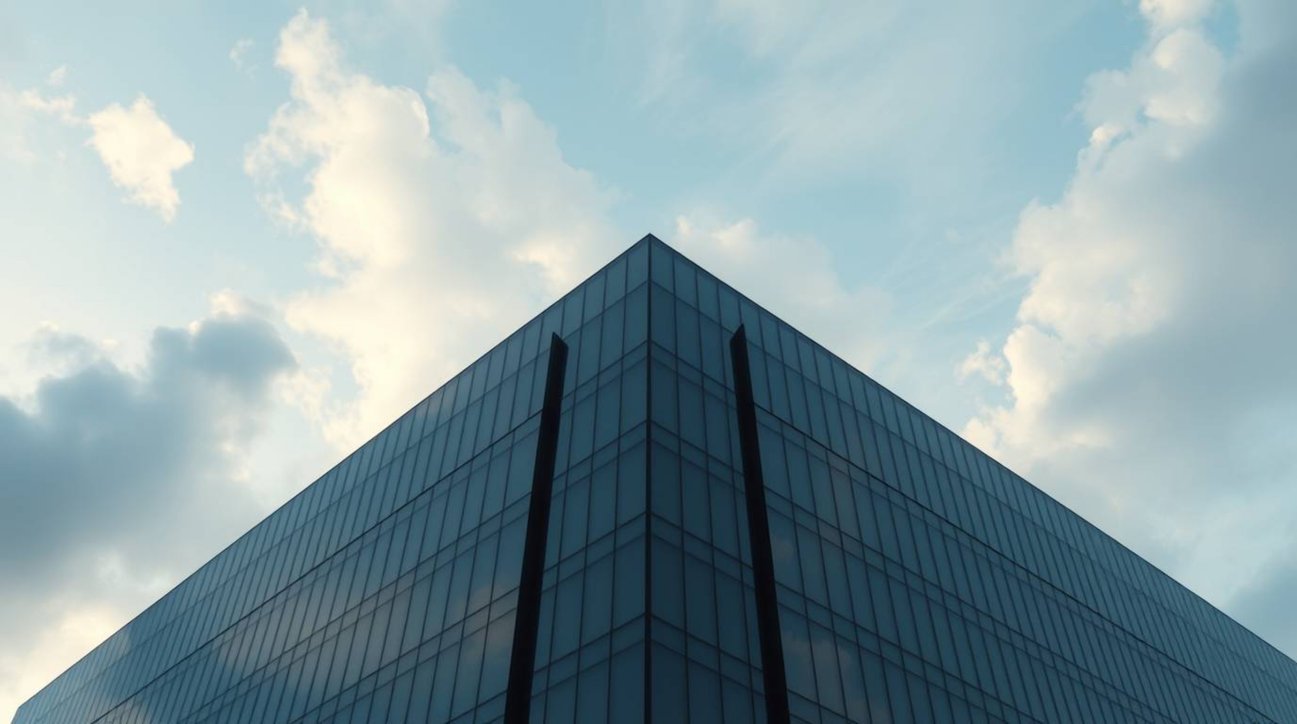 This striking image captures a modern glass building seemingly dissolving into the sky, with soft clouds subtly merging into 