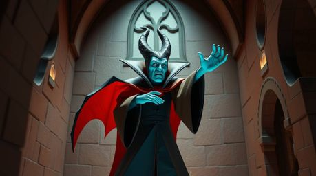 A captivating image depicting a classic Disney villain casting a spell within an ancient castle, rendered in intricate origam