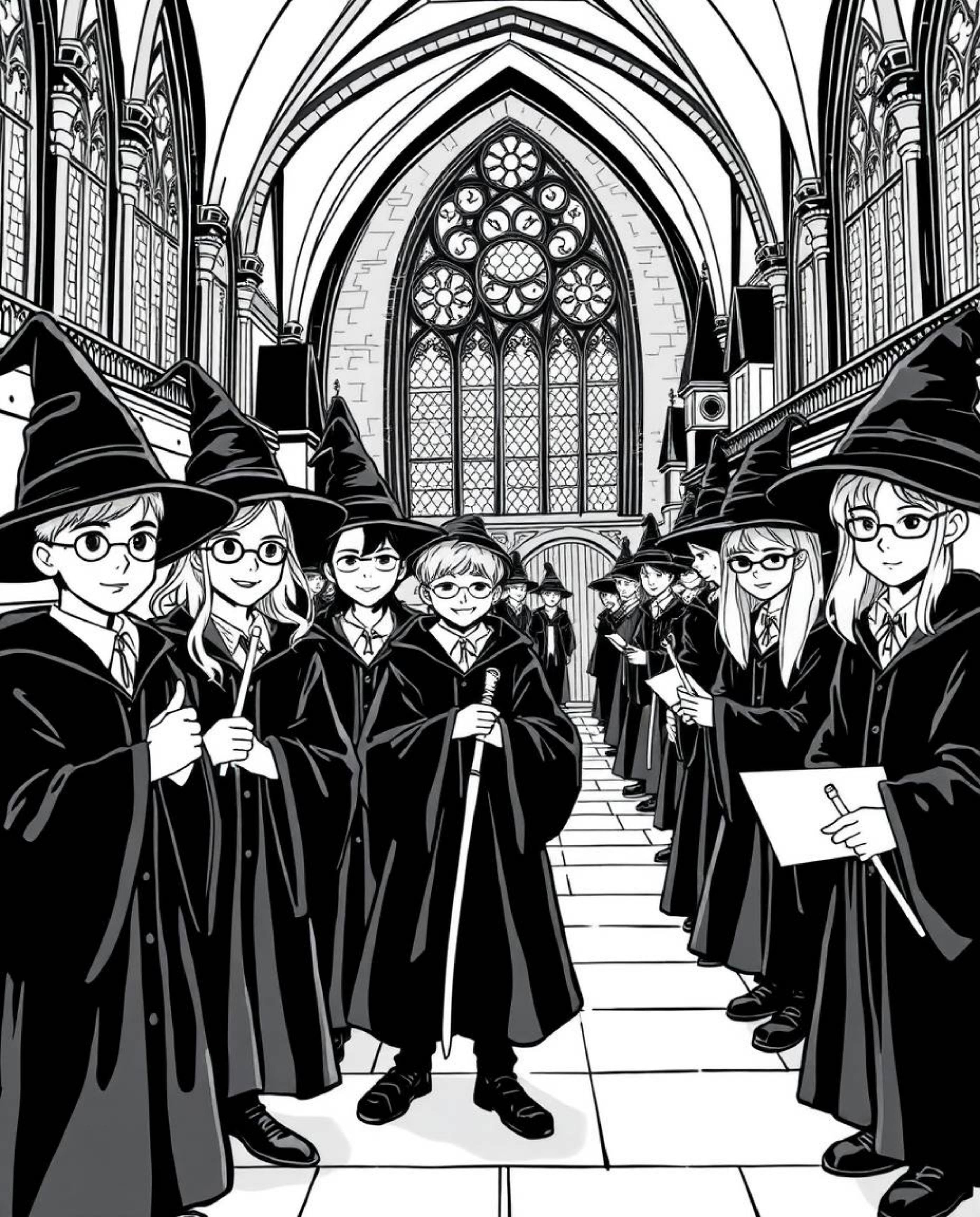 Experience a timeless and elegant magical school teeming with young wizards, depicted in classic black and white. This image 