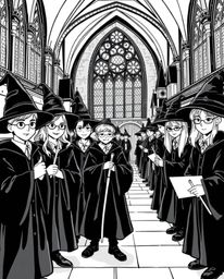 Experience a timeless and elegant magical school teeming with young wizards, depicted in classic black and white. This image