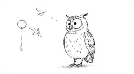A heartwarming hand-drawn sketch reminiscent of Pixar, showcases a blind owl with delicately textured pencil strokes against 