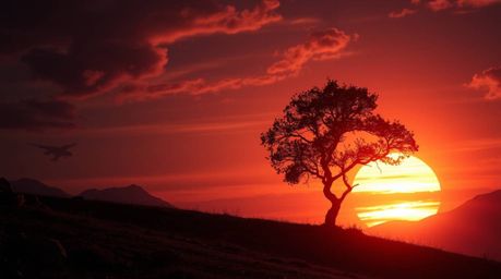 A captivating image depicting a lone tree silhouetted against a fiery sunset on a hill, infused with futuristic sci-fi elemen