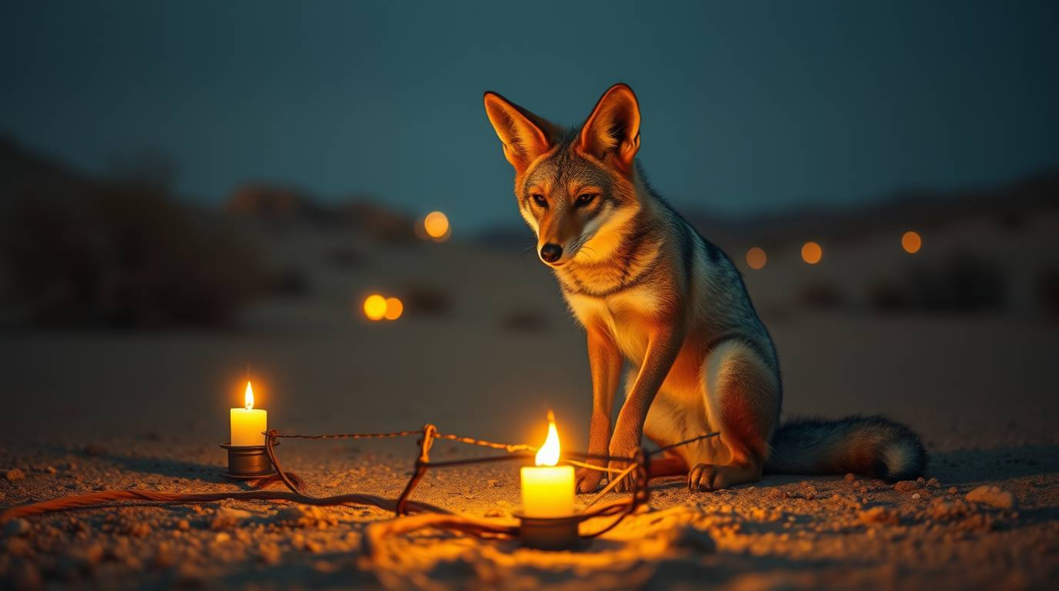 A graceful and elegant coyote is captured setting a ridiculous trap under the warm glow of candlelight in the desert. The fli