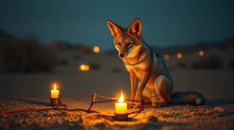 A graceful and elegant coyote is captured setting a ridiculous trap under the warm glow of candlelight in the desert. The fli
