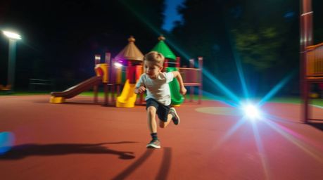 Experience a dramatic slow-motion run through a playground, beautifully captured with bright lens flare. The scene is dominat