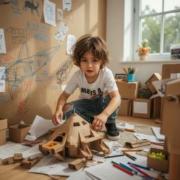 Exquisite high fashion photography captures a young boy with curious eyes and messy brown hair immersed in building an intric