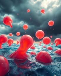 A captivating digital painting showcasing floating 3D blobs of fluid jelly, brought to life with vibrant colors and synthetic