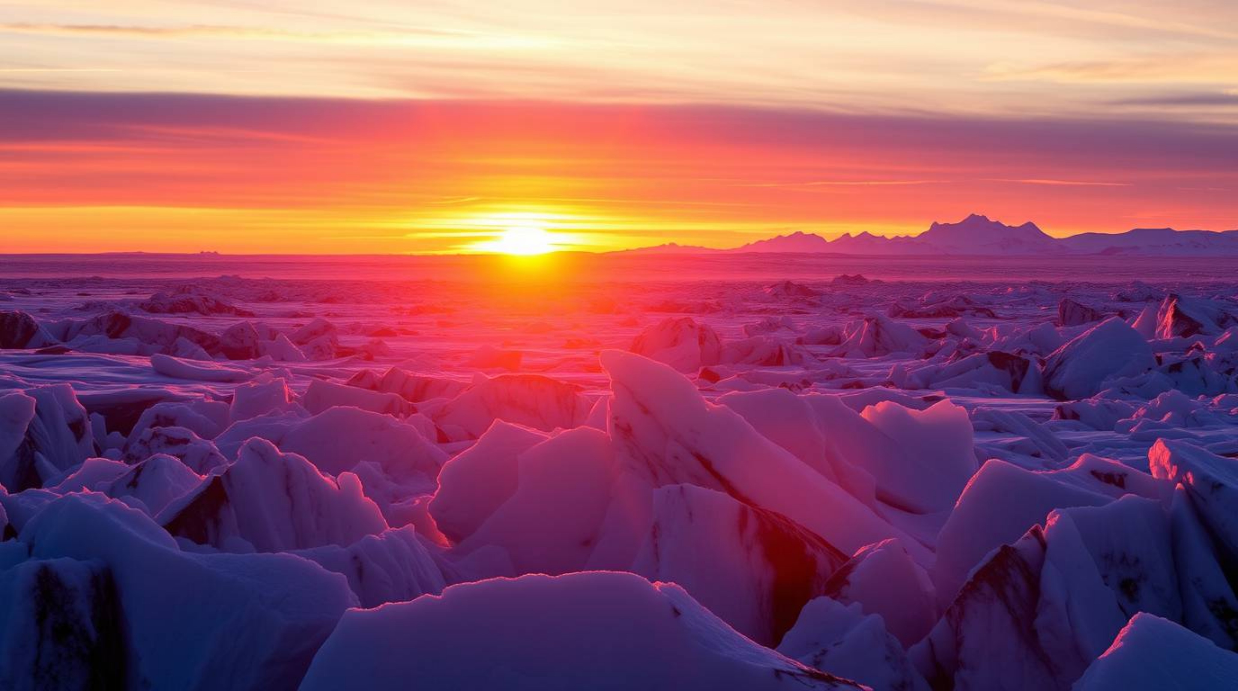 Experience the breathtaking beauty of a sunset over icy polar glaciers.  Witness the vibrant colors, strong hard light castin