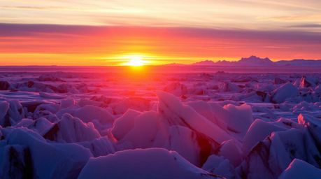 Experience the breathtaking beauty of a sunset over icy polar glaciers.  Witness the vibrant colors, strong hard light castin