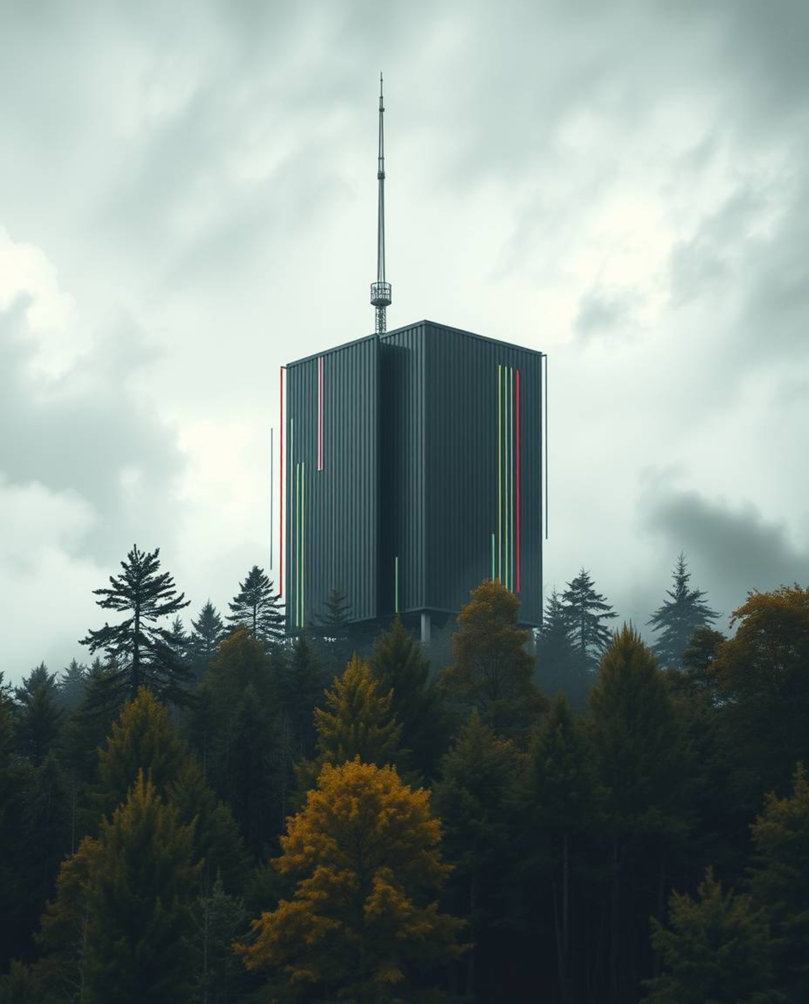 This striking architectural color photograph presents an extreme macro close-up of a digital glitch juxtaposed against a natu