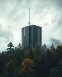 This striking architectural color photograph presents an extreme macro close-up of a digital glitch juxtaposed against a natu