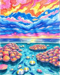 A hand-drawn color sketchnote vividly depicts a coral reef at low tide under a colorful sky. The artwork is characterized by 