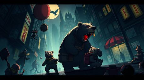 Explore a dreamlike and surreal urban adventure with a bear family in this high-contrast, low-key lighting illustration. The 