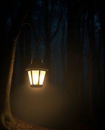A captivating image featuring a glowing lantern illuminating a dark forest, expertly rendered with contrasting chiaroscuro li