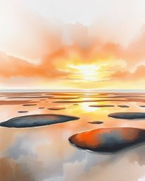 A delicate watercolor painting depicts a beautiful sunset sky as it is mirrored in the tidal pools on a beach. The artwork is