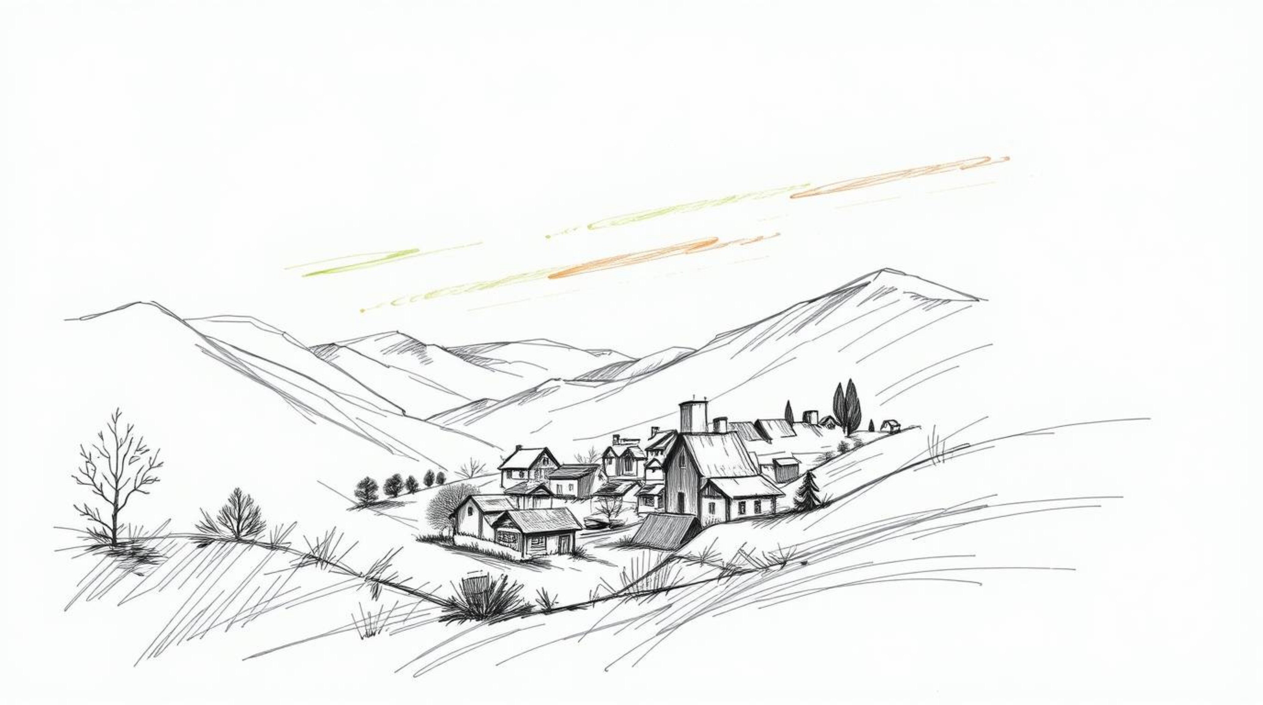 A captivating hand-drawn sketch depicts a charming village nestled in a picturesque valley, bathed in the vibrant hues of a c