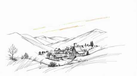 A captivating hand-drawn sketch depicts a charming village nestled in a picturesque valley, bathed in the vibrant hues of a c