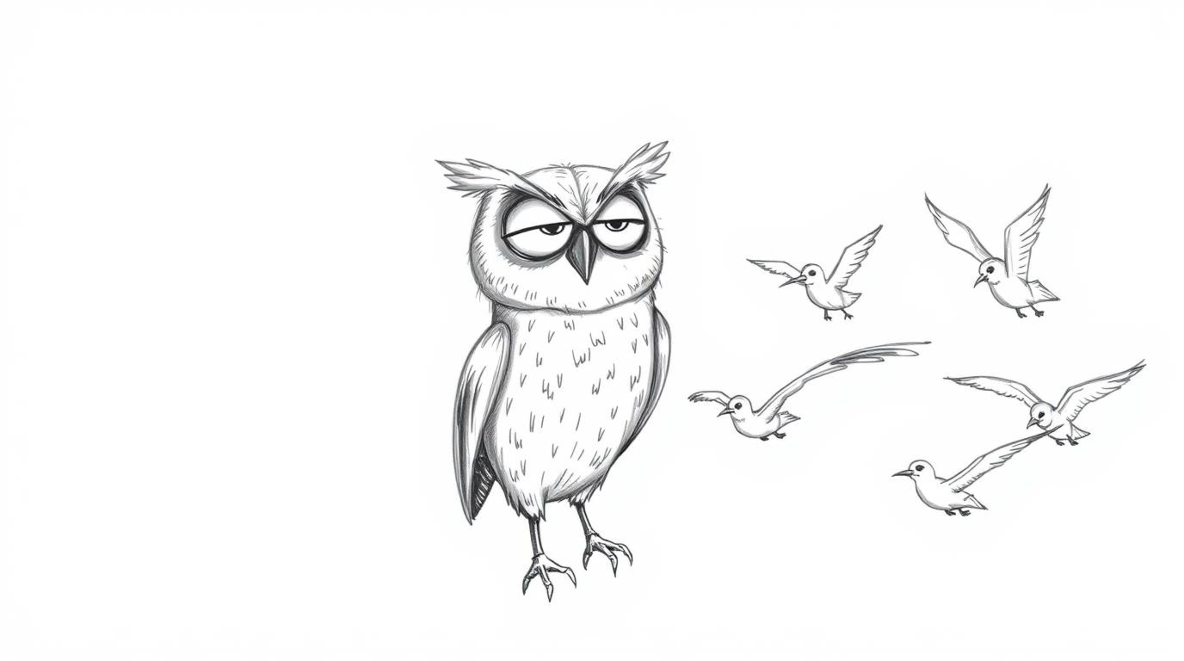 A heartwarming hand-drawn sketch in the style of Pixar showcases a blind owl with expressive features leading a flock of bird