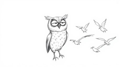 A heartwarming hand-drawn sketch in the style of Pixar showcases a blind owl with expressive features leading a flock of bird