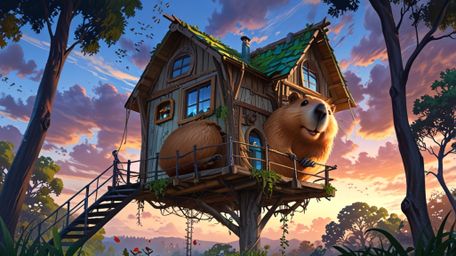In a whimsical scene that blends the styles of Pixar and anime, a beaver is featured with the perfect treehouse it has built 