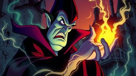 This image depicts a classic Disney villain with striking features, engrossed in casting a spell within the confines of an an