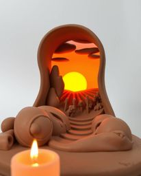 A sculptural clay art piece depicts a dreamy sunset over a vineyard, where warm candlelight creates a hazy, soft glow. The ar