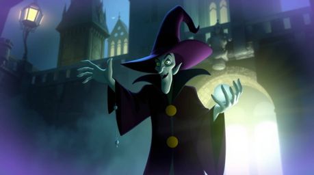 A classic Disney villain casts a mesmerizing spell within the walls of an ancient castle.  The scene is bathed in a soft, haz