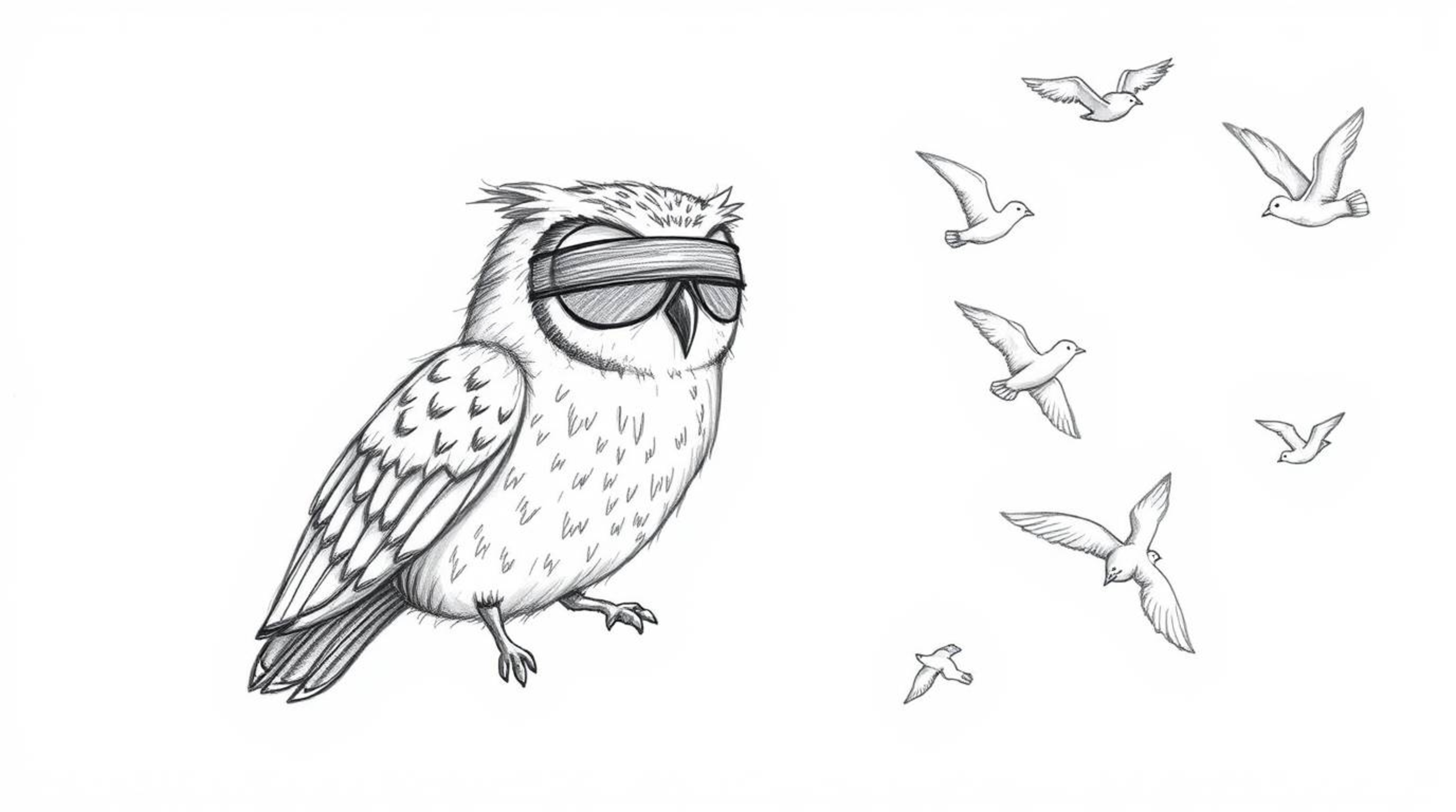 A hand-drawn, Pixar-esque sketch depicts a blind owl, its feathers detailed with textured pencil strokes, leading birds in fl