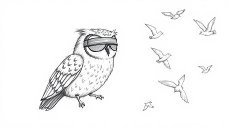A hand-drawn, Pixar-esque sketch depicts a blind owl, its feathers detailed with textured pencil strokes, leading birds in fl
