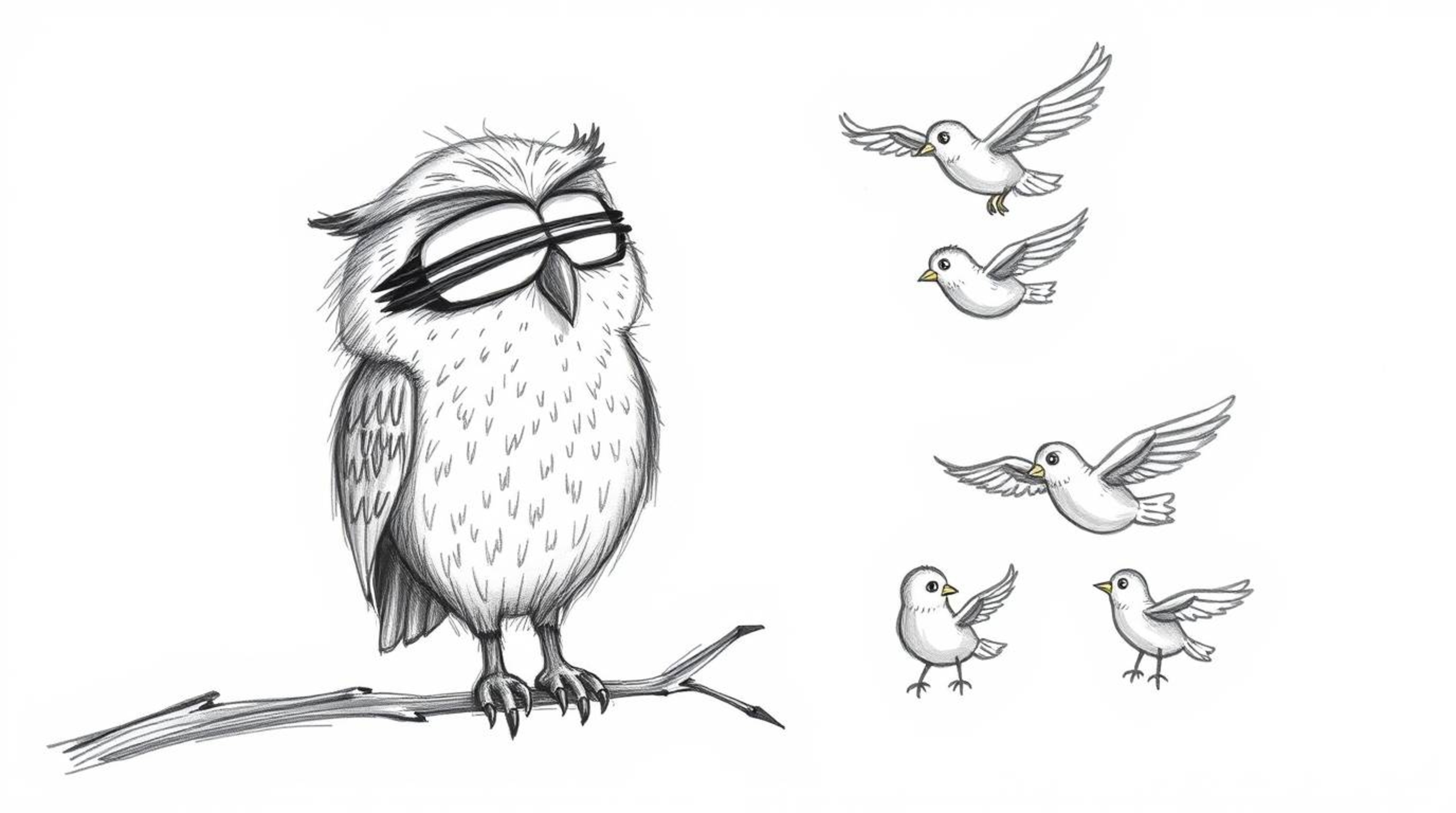 A heartwarming hand-drawn sketch in the style of Pixar depicts a blind owl with gentle features patiently teaching several bi